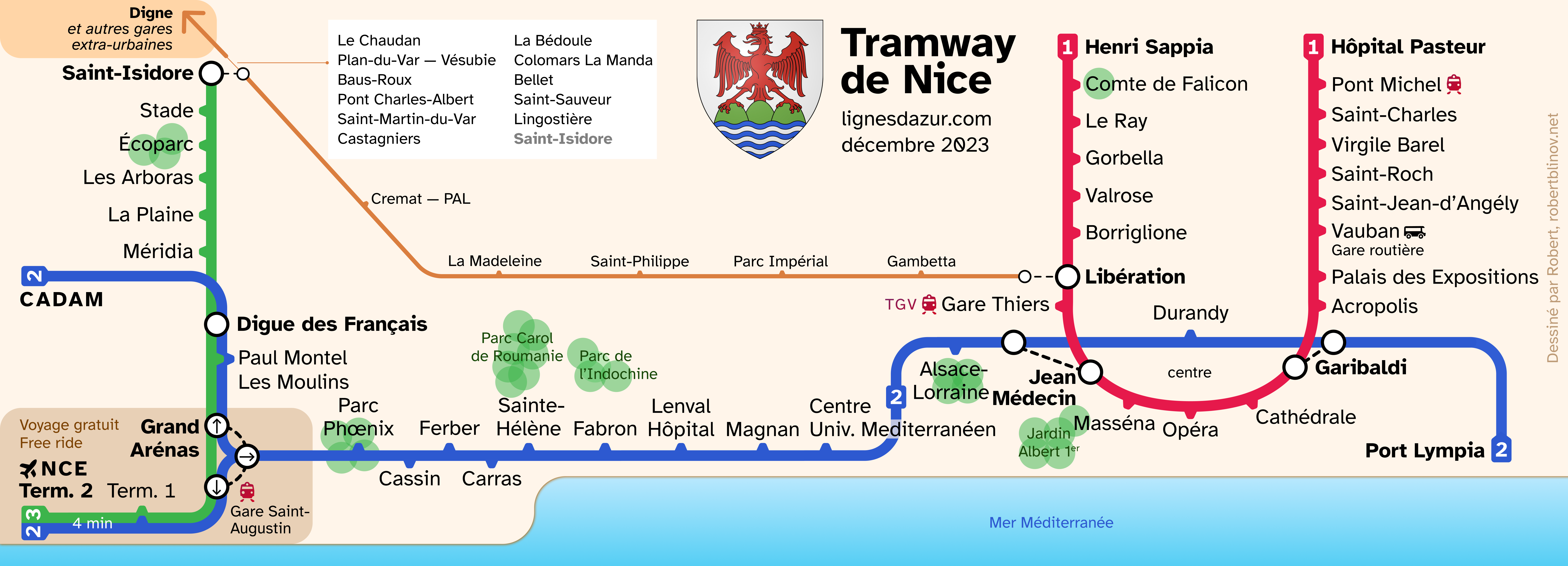 Tramway map for Nice, France